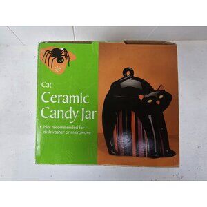 New Halloween Ceramic Black Cat Purple Orange Candy Jar Canister with Lid 8.5"